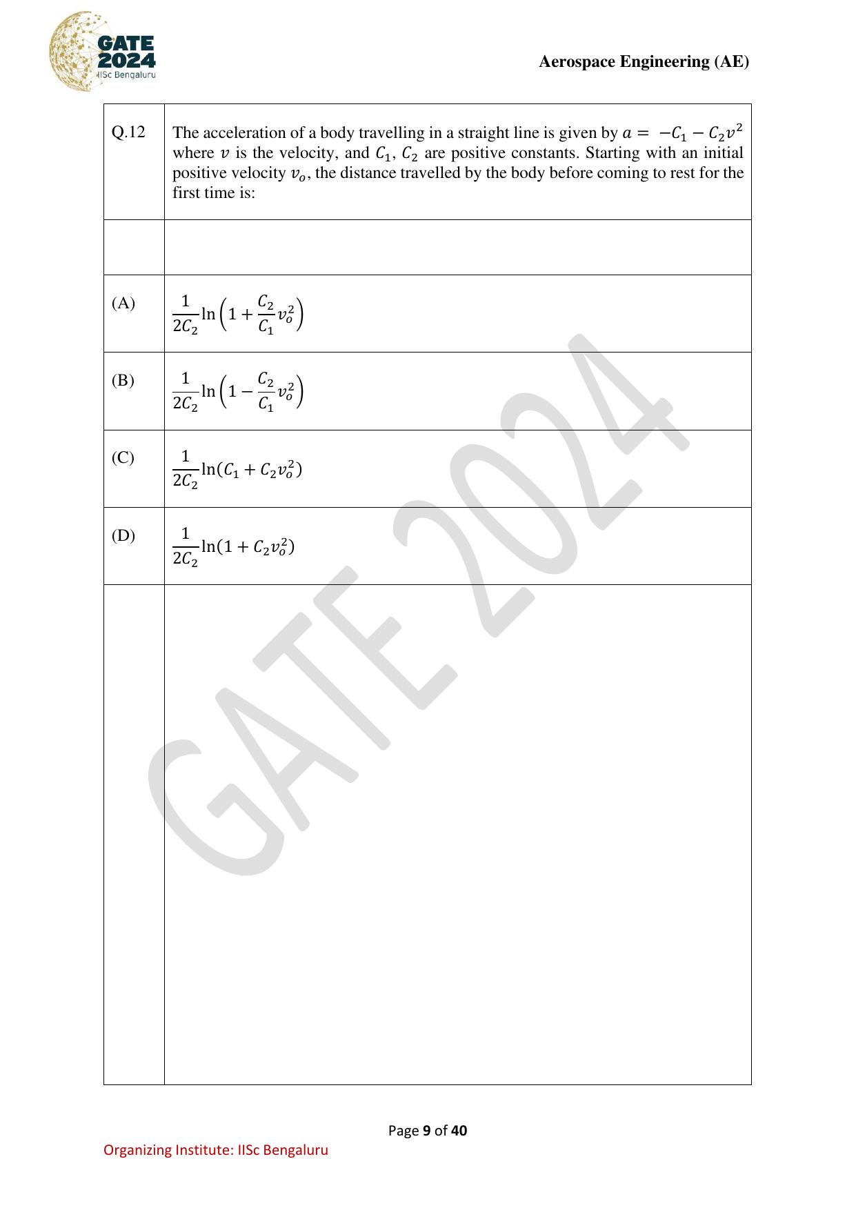 GATE 2024 Aerospace Engineering (AE) Question Paper - Page 9