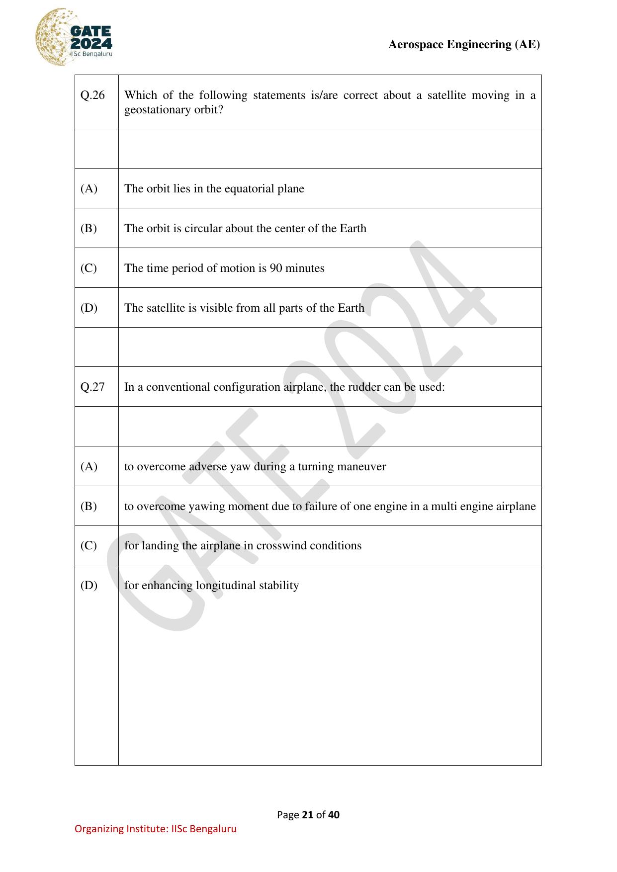 GATE 2024 Aerospace Engineering (AE) Question Paper - Page 21