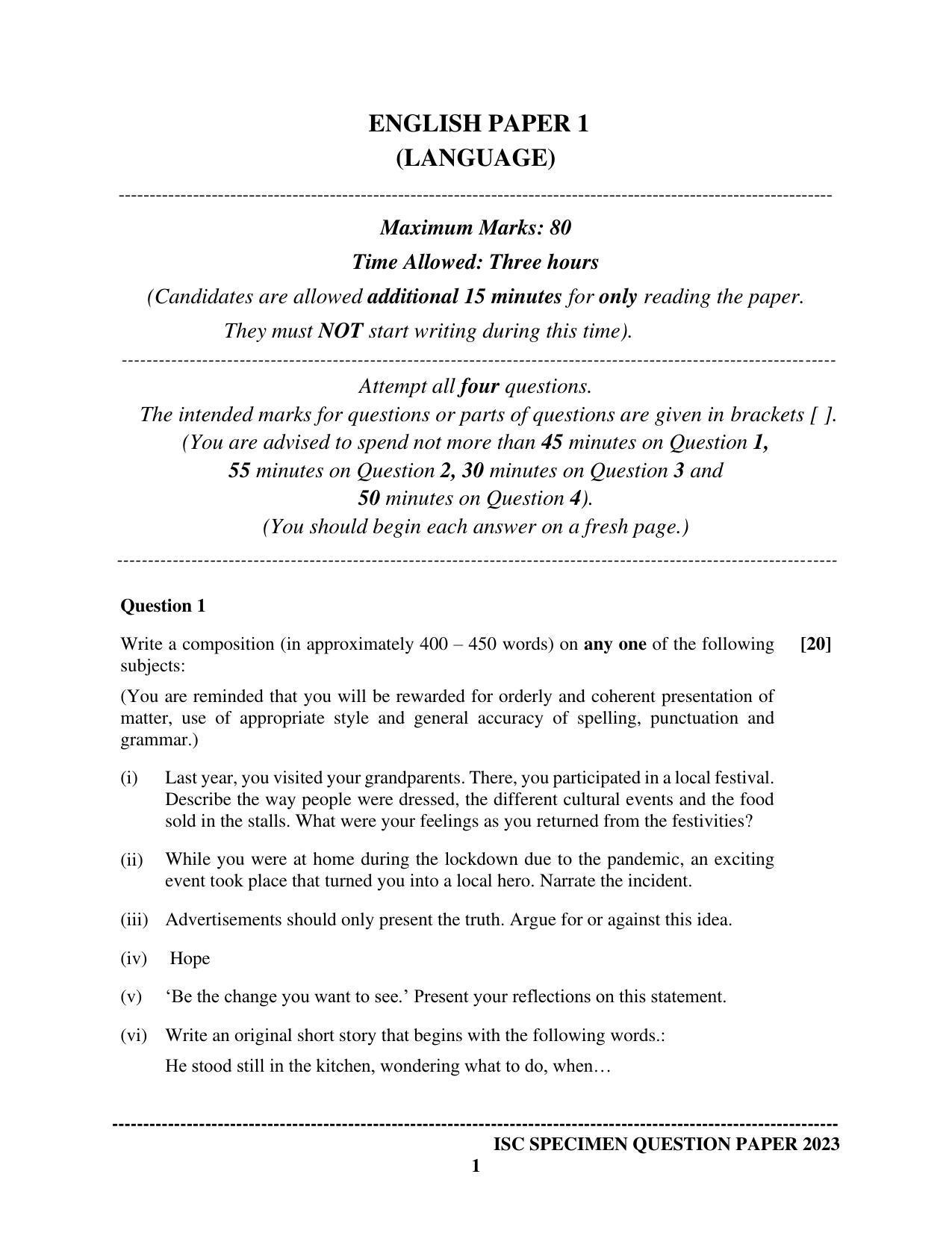 ISC Class 12 English Language (English Paper – 1) Sample Paper 2023 - Page 1