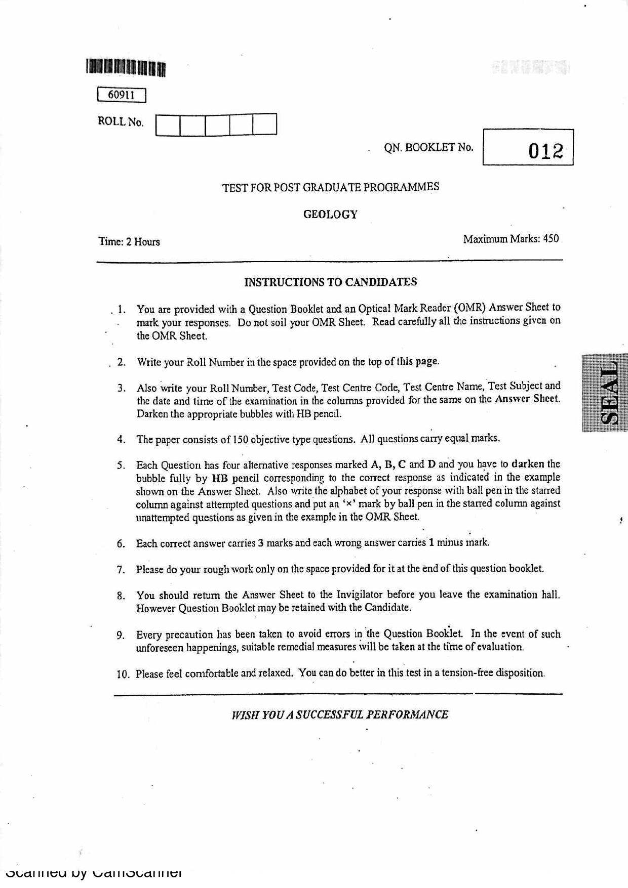 CUSAT CAT 2011 Geology Question Paper - Page 1