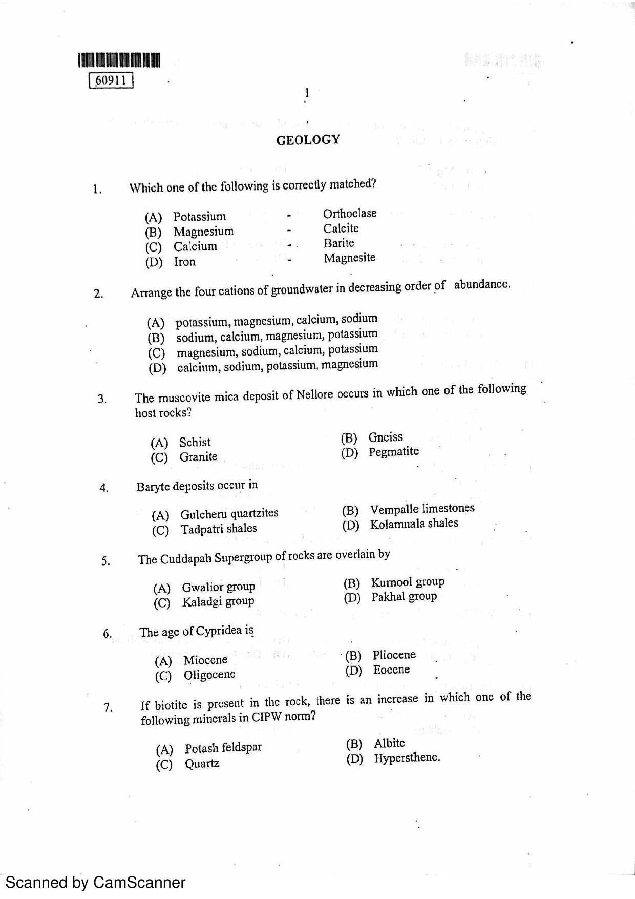 CUSAT CAT 2011 Geology Question Paper - Page 2
