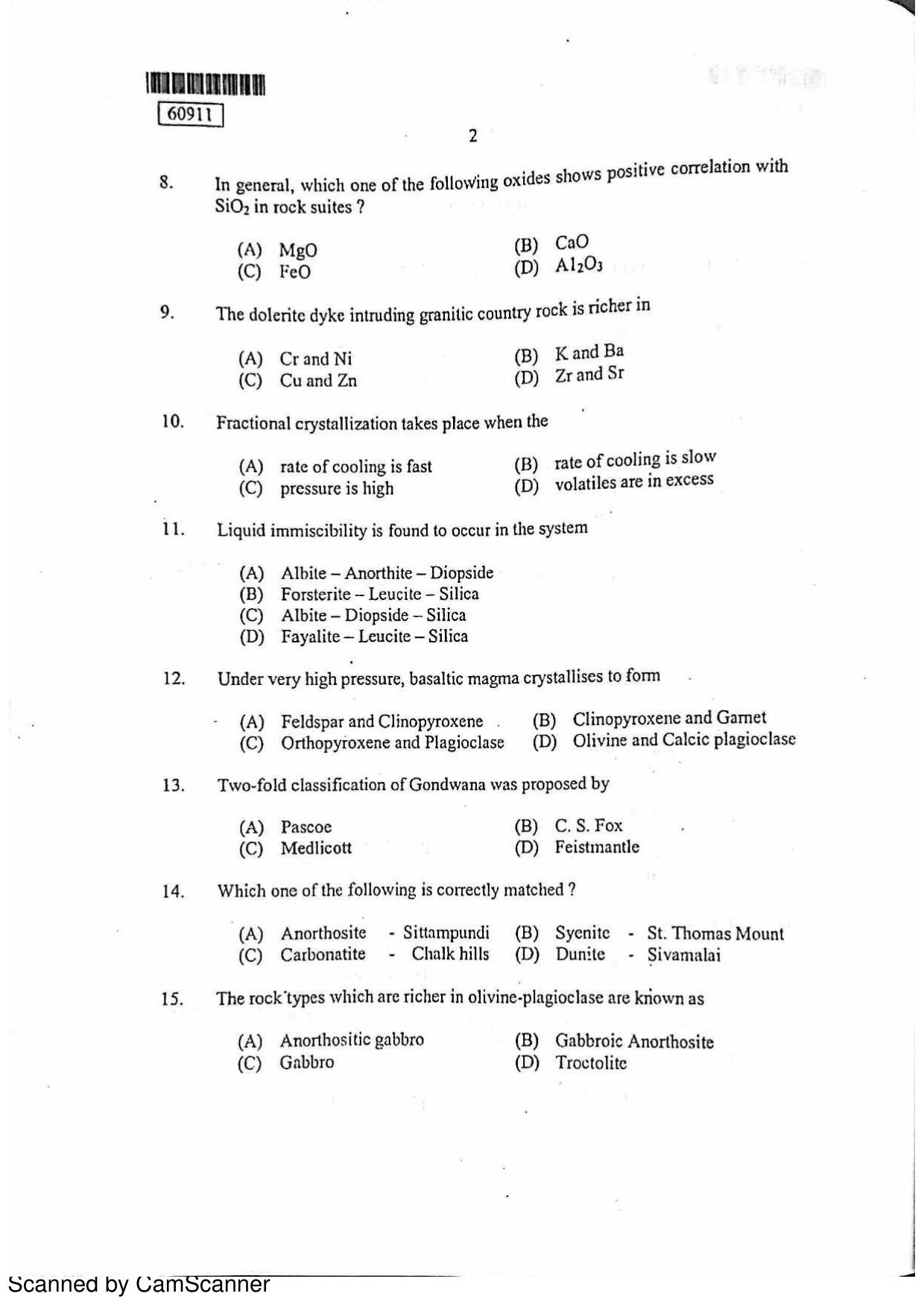CUSAT CAT 2011 Geology Question Paper - Page 3