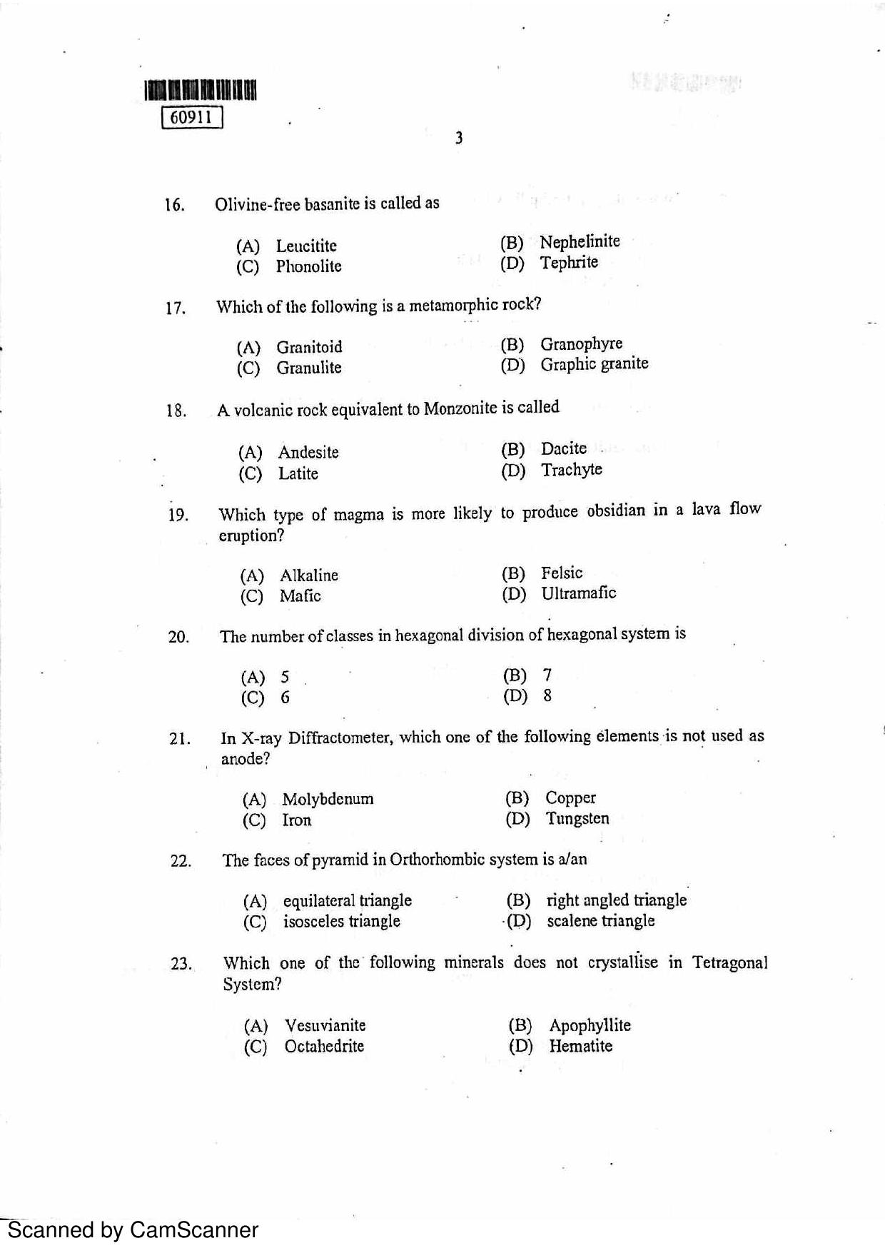CUSAT CAT 2011 Geology Question Paper - Page 4