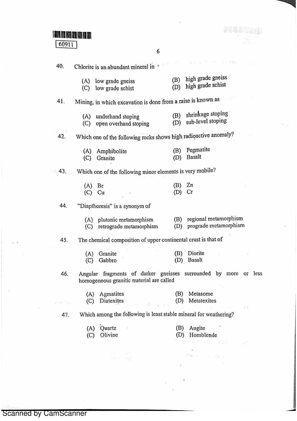 CUSAT CAT 2011 Geology Question Paper - Page 7