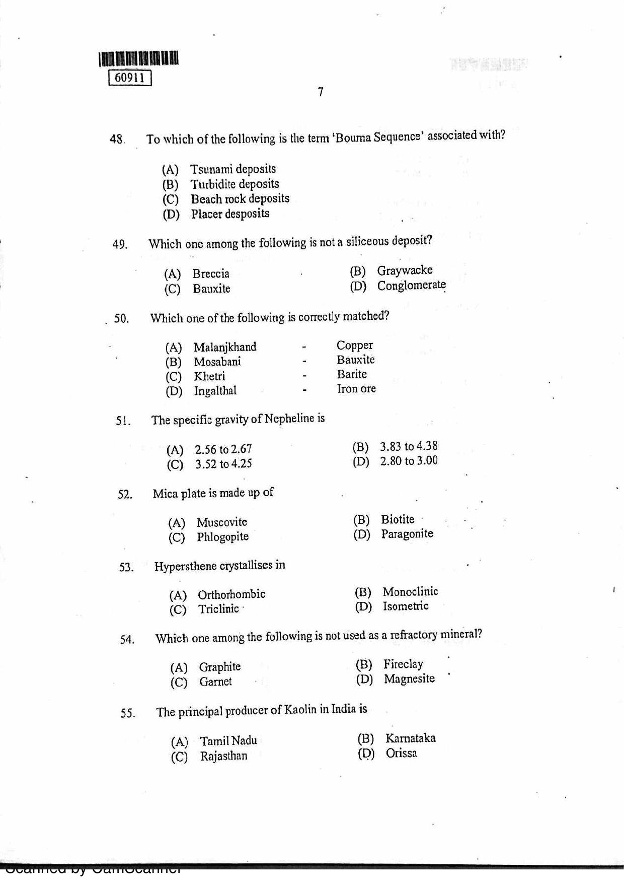 CUSAT CAT 2011 Geology Question Paper - Page 8