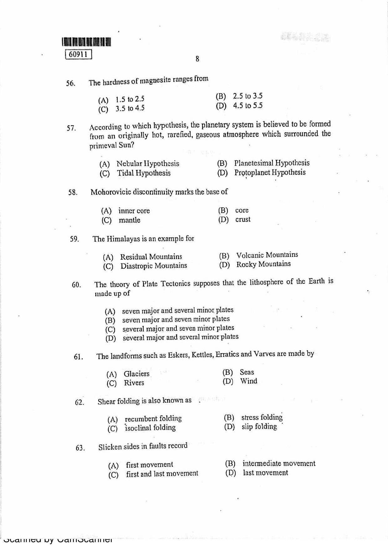 CUSAT CAT 2011 Geology Question Paper - Page 9