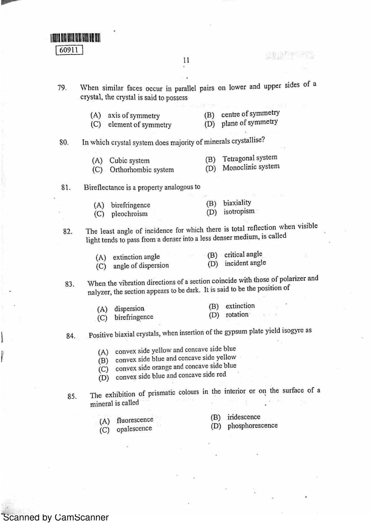 CUSAT CAT 2011 Geology Question Paper - Page 12