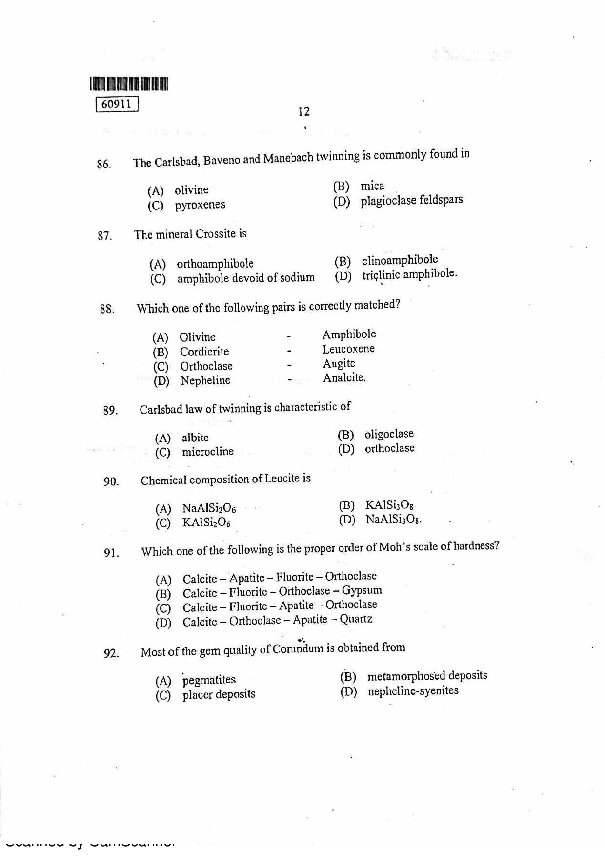 CUSAT CAT 2011 Geology Question Paper - Page 13