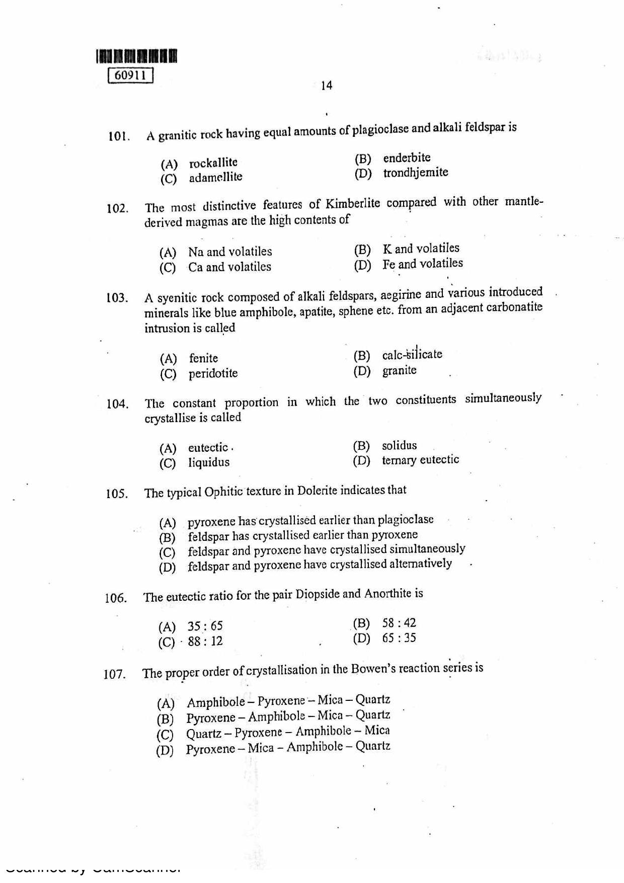 CUSAT CAT 2011 Geology Question Paper - Page 15