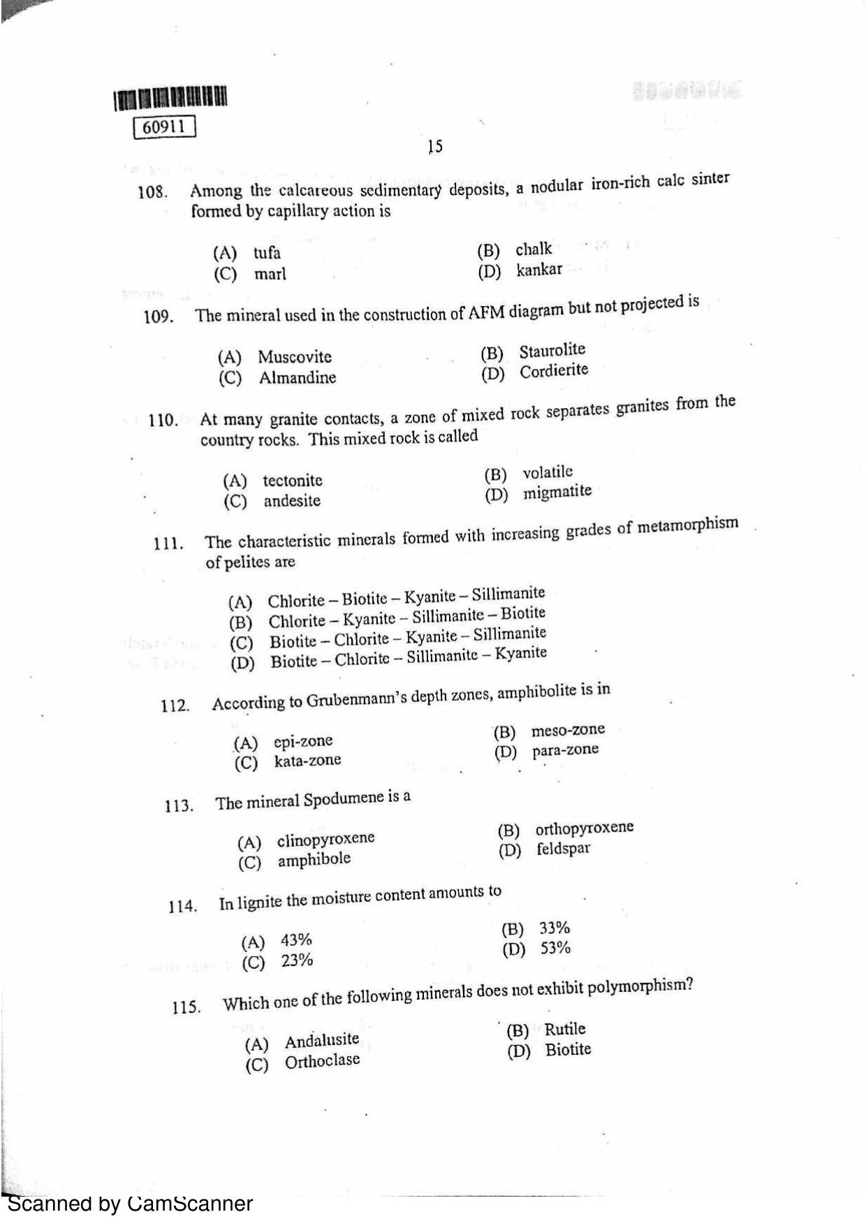 CUSAT CAT 2011 Geology Question Paper - Page 16
