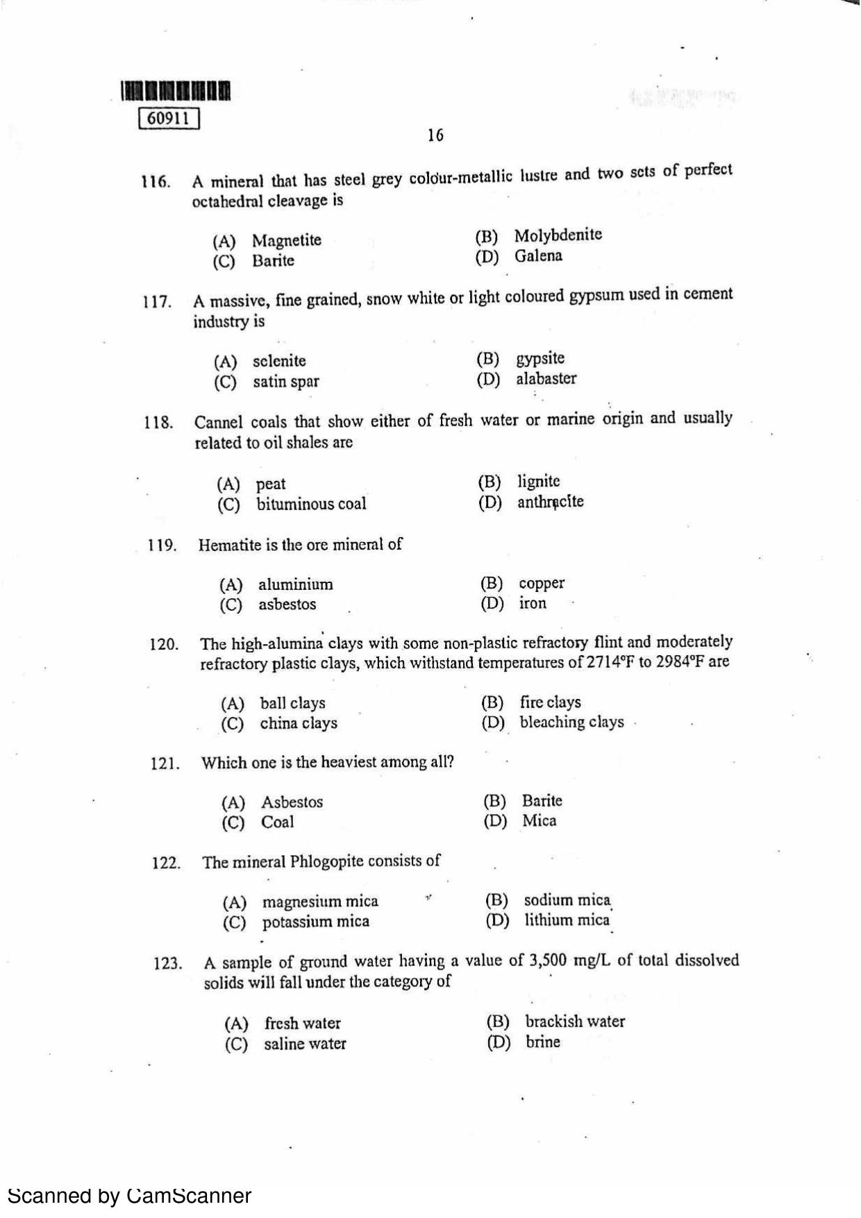 CUSAT CAT 2011 Geology Question Paper - Page 17