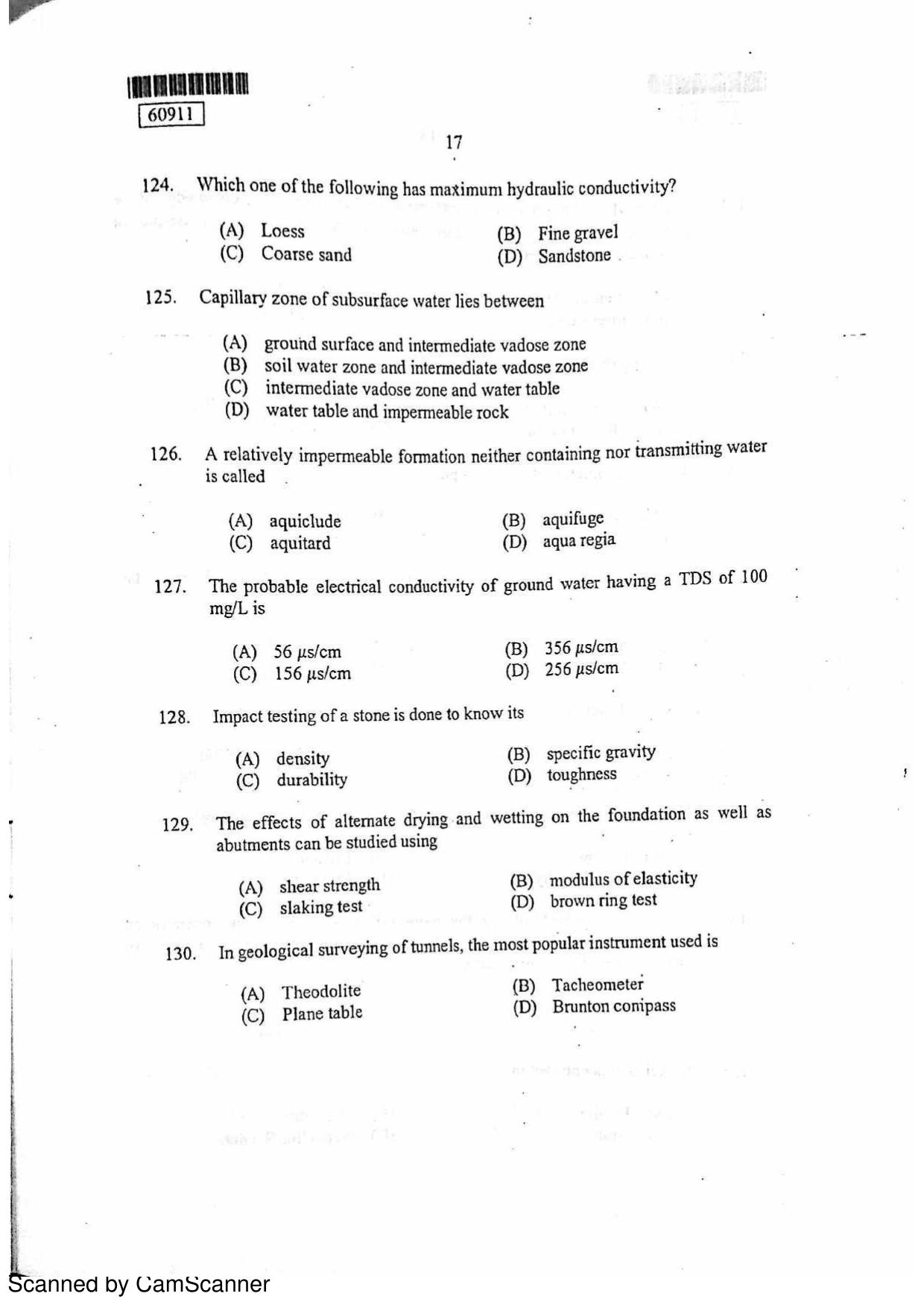 CUSAT CAT 2011 Geology Question Paper - Page 18