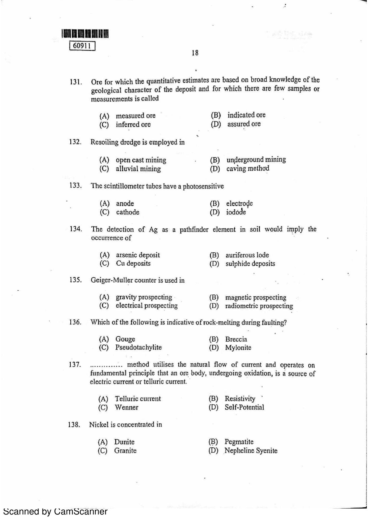 CUSAT CAT 2011 Geology Question Paper - Page 19