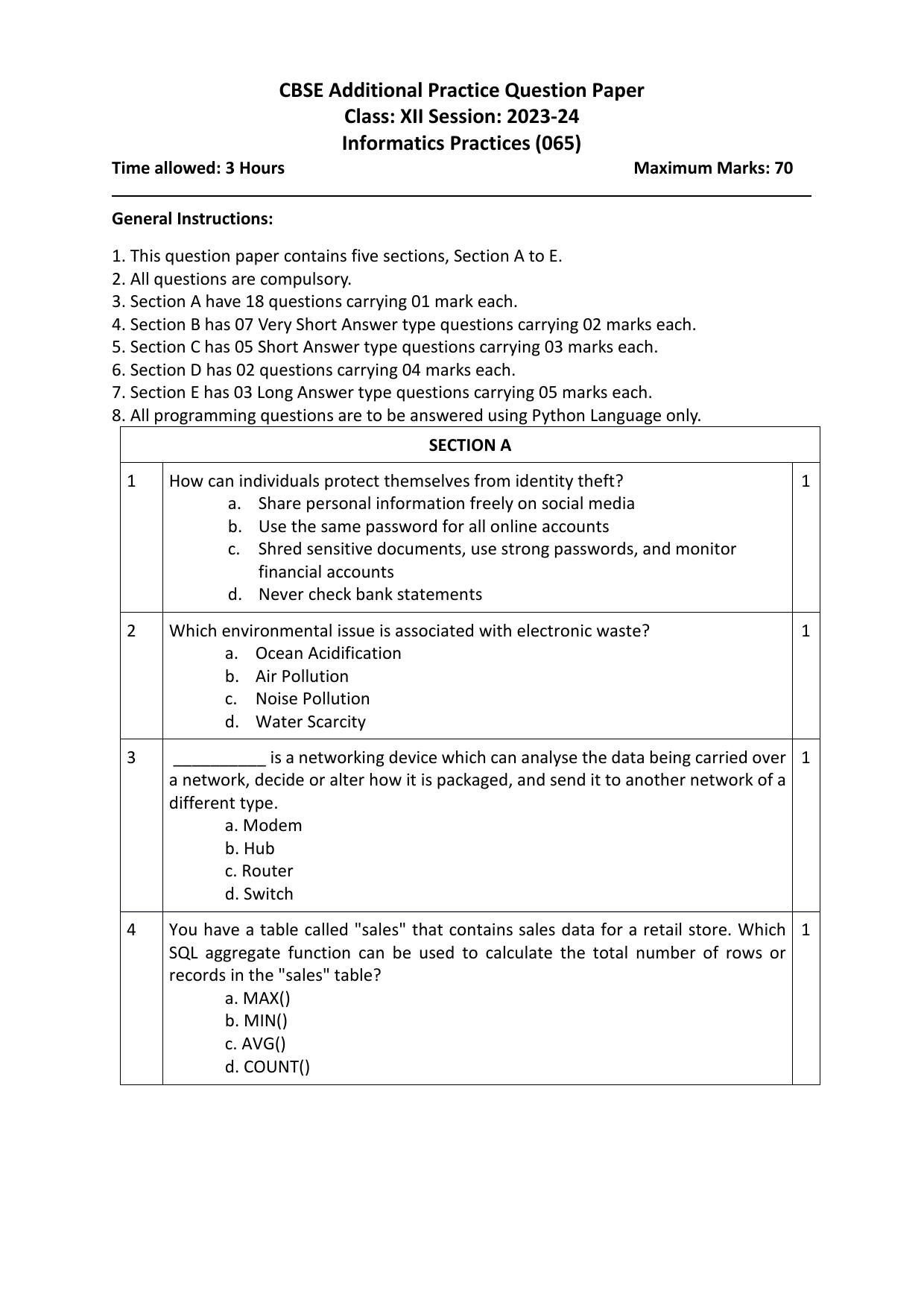 CBSE Class 12 Informatics Practices SET 1 Practice Questions 2023-24  - Page 1