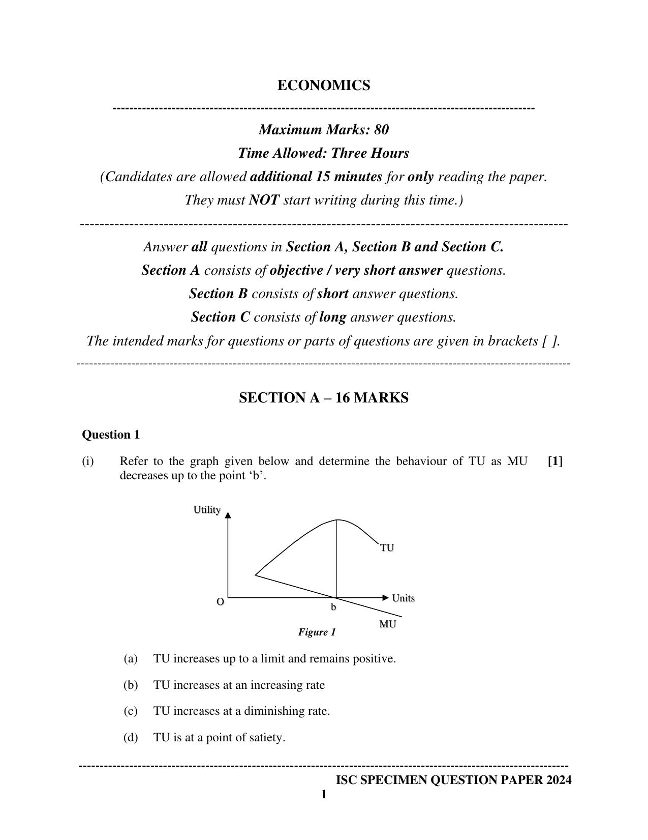 ISC Class 12 2024 Economics Sample Paper - Page 1