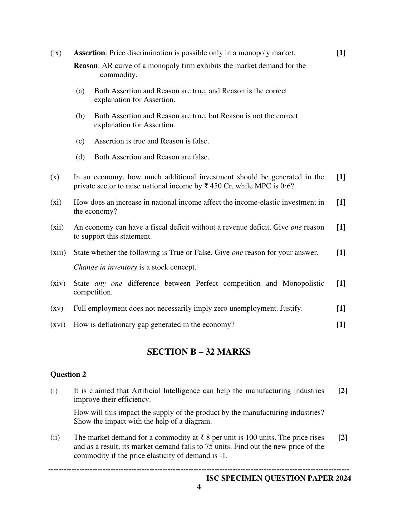 ISC Class 12 2024 Economics Sample Paper - Page 4