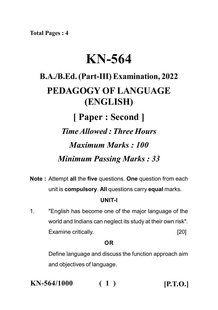Sarguja University Question Paper - 2022 :   B.A. Bed 04 Year Integrated Course(Third Year) Pedagogy Of Language (English) Paper I - Page 1