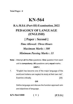 Sarguja University Question Paper - 2022 :   B.A. Bed 04 Year Integrated Course(Third Year) Pedagogy Of Language (English) Paper I