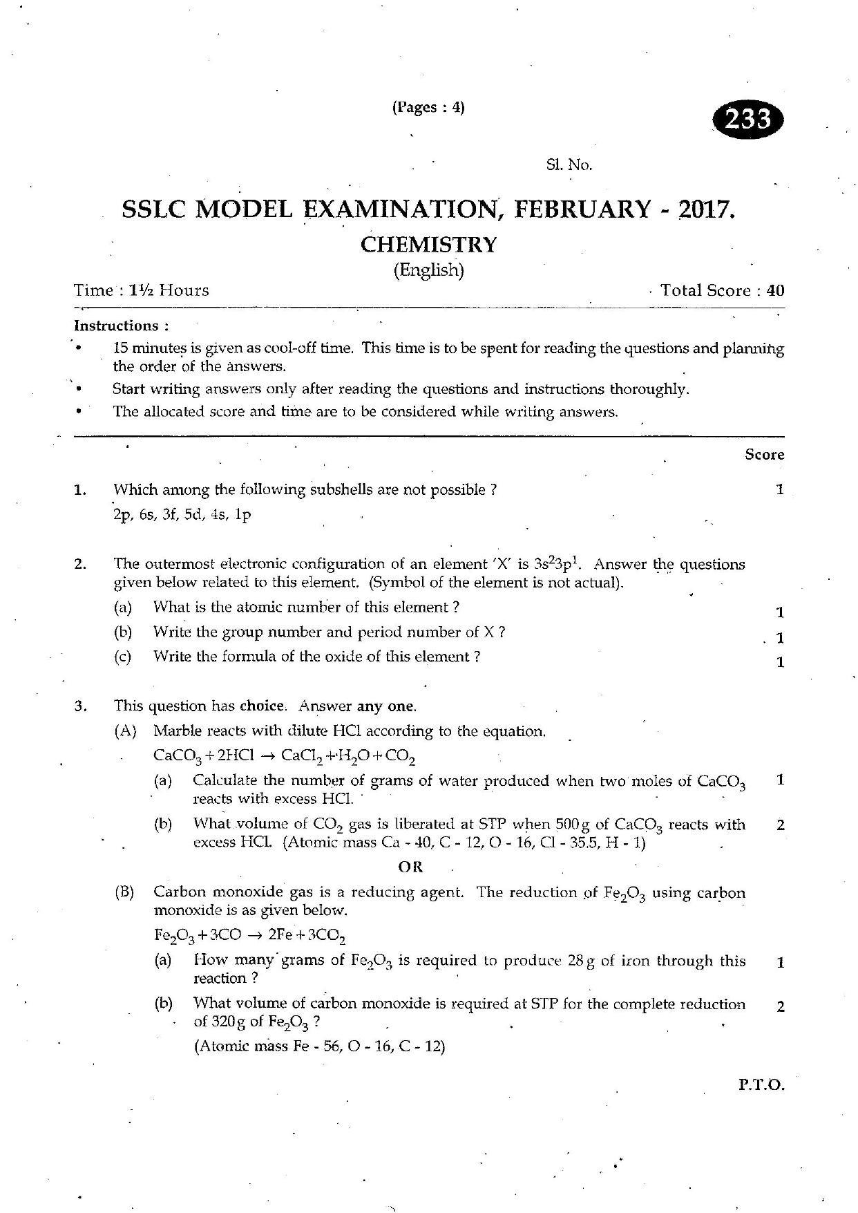 Kerala SSLC 2017 Chemistry Question paper (EM) (Model) - Page 1