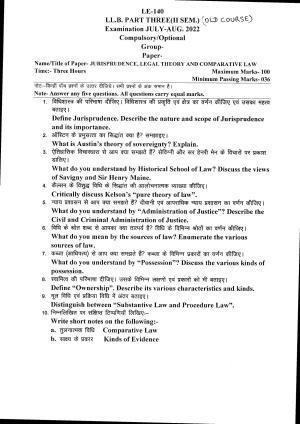 Bilaspur University Question Paper July 2022:LL.B. Part Three (II Sem.)Jurisprudence,Legal Theory And Comparative Law Paper 1