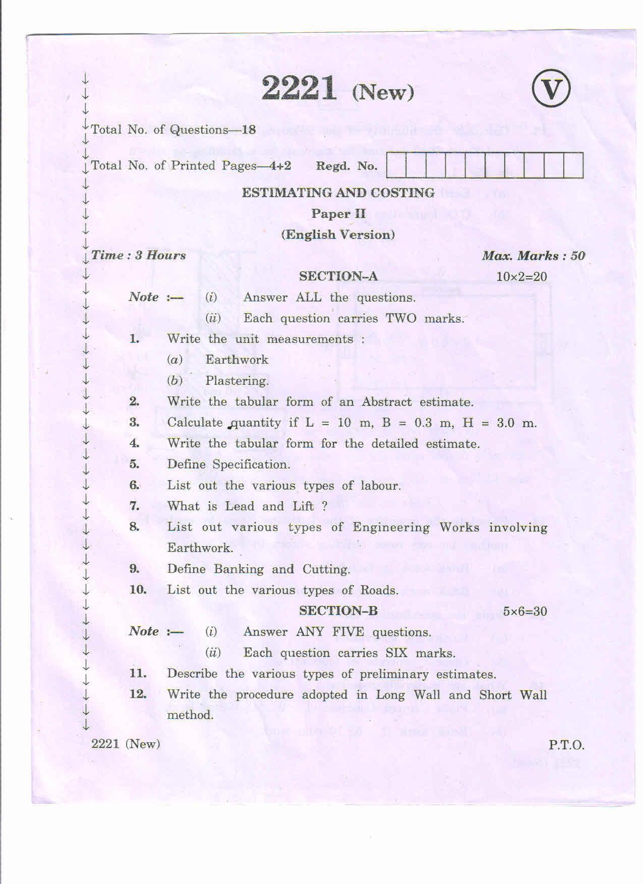 AP Inter 2nd Year Vocational Question Paper March - 2020 - Estimating Costing - II (new) - Page 1