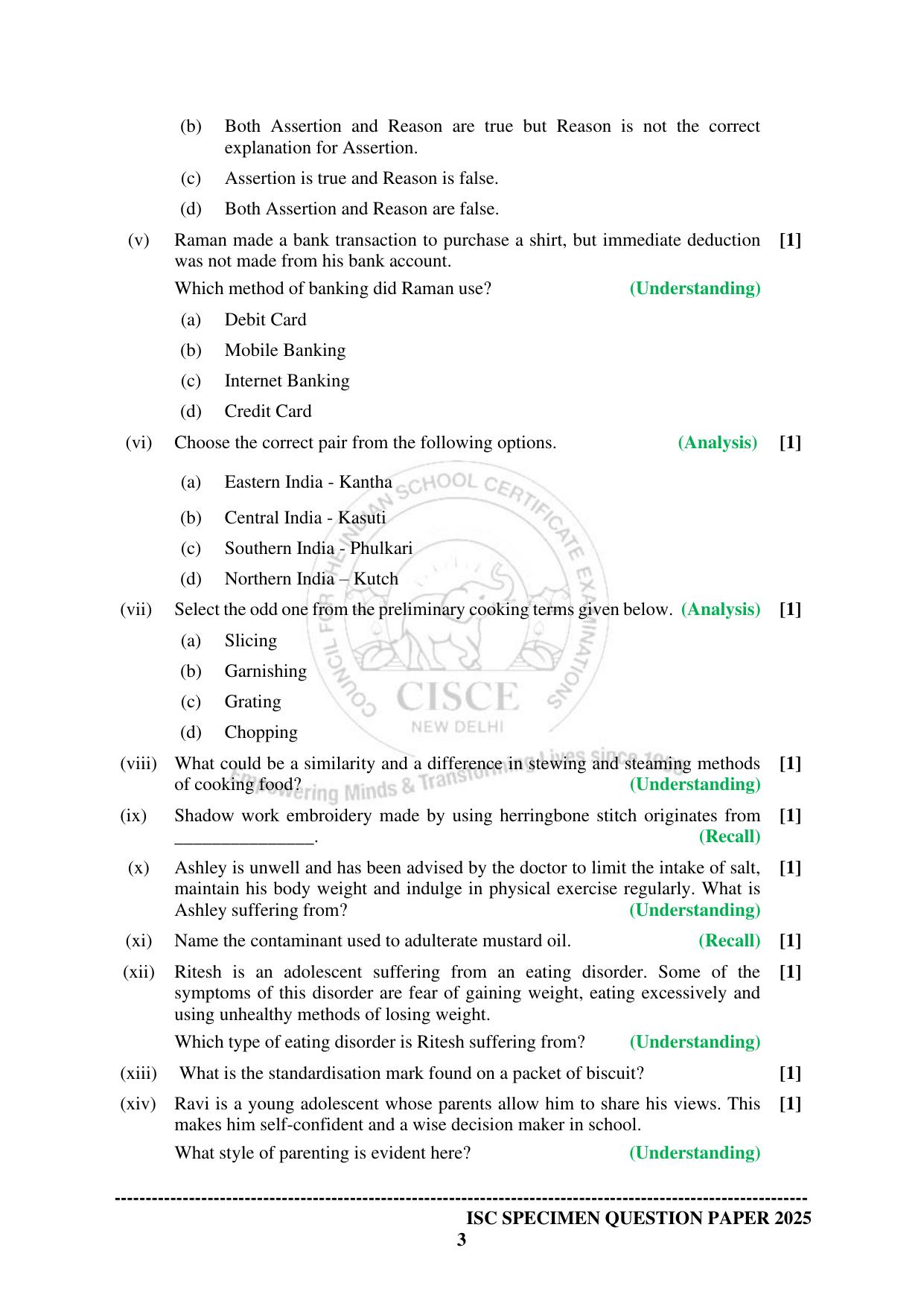 ISC Class 12 2025 HOME SCIENCE (SQP & AK) Specimen Paper - Page 3