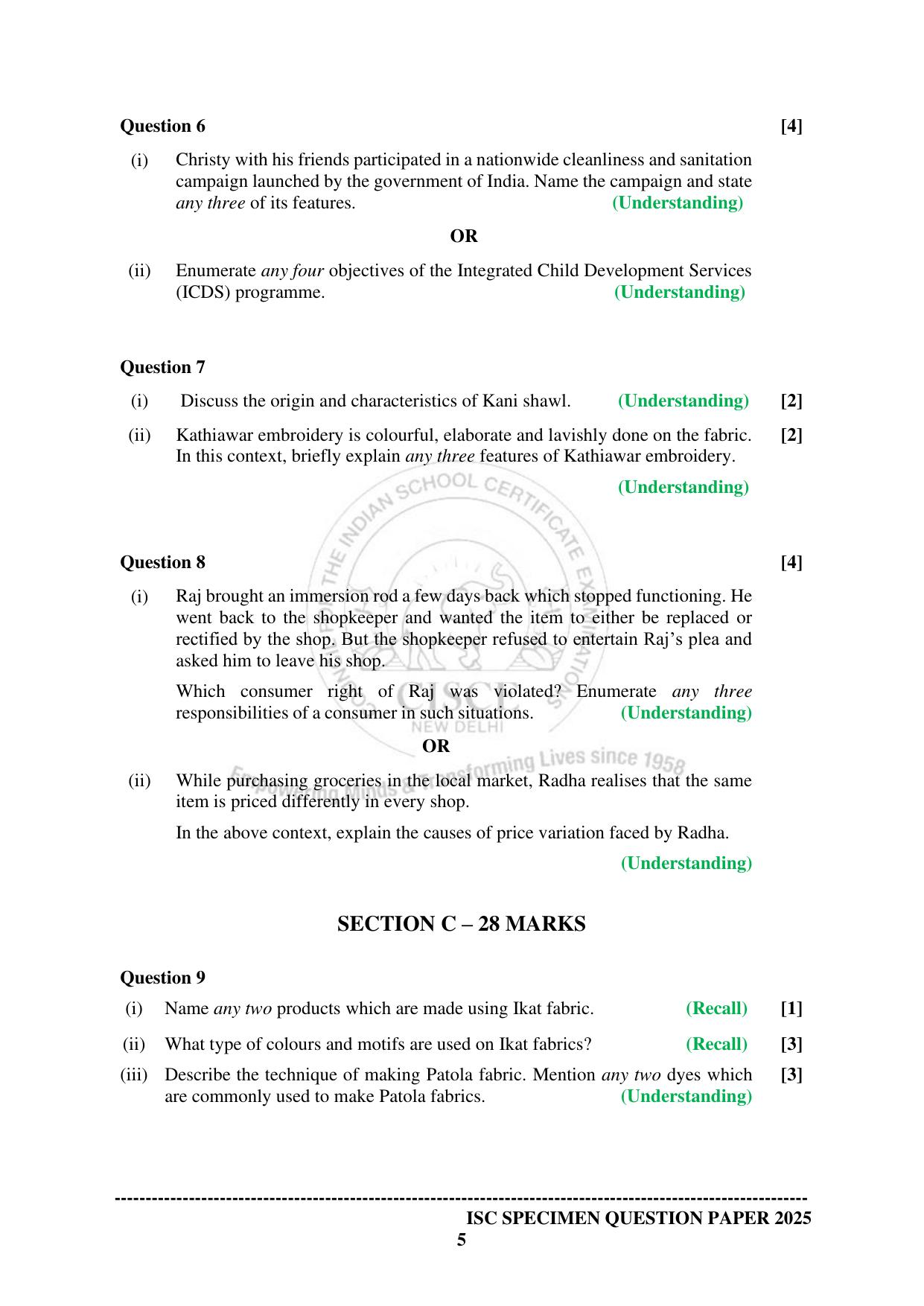 ISC Class 12 2025 HOME SCIENCE (SQP & AK) Specimen Paper - Page 5