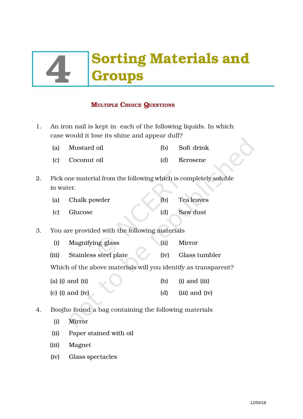 NCERT Exemplar Book for Class 6 Science: Chapter 4-Sorting Materials into Groups - Page 1