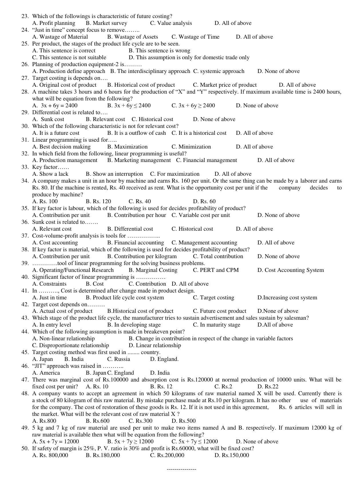 Hemchand North Gujarat University Sample Paper July-Sept 2021: M.Com Sem – III CE-303 - Cost Accounting-II Paper Code : 3803 (New Course) - Page 2