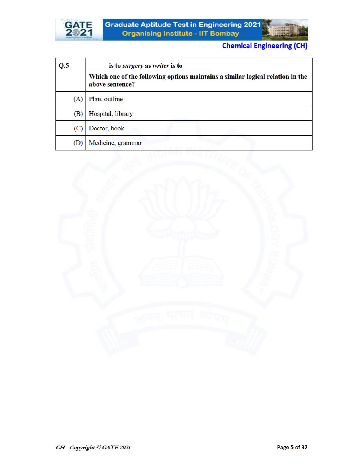 GATE 2021 Chemical Engineering (CH) Question Paper - Page 5