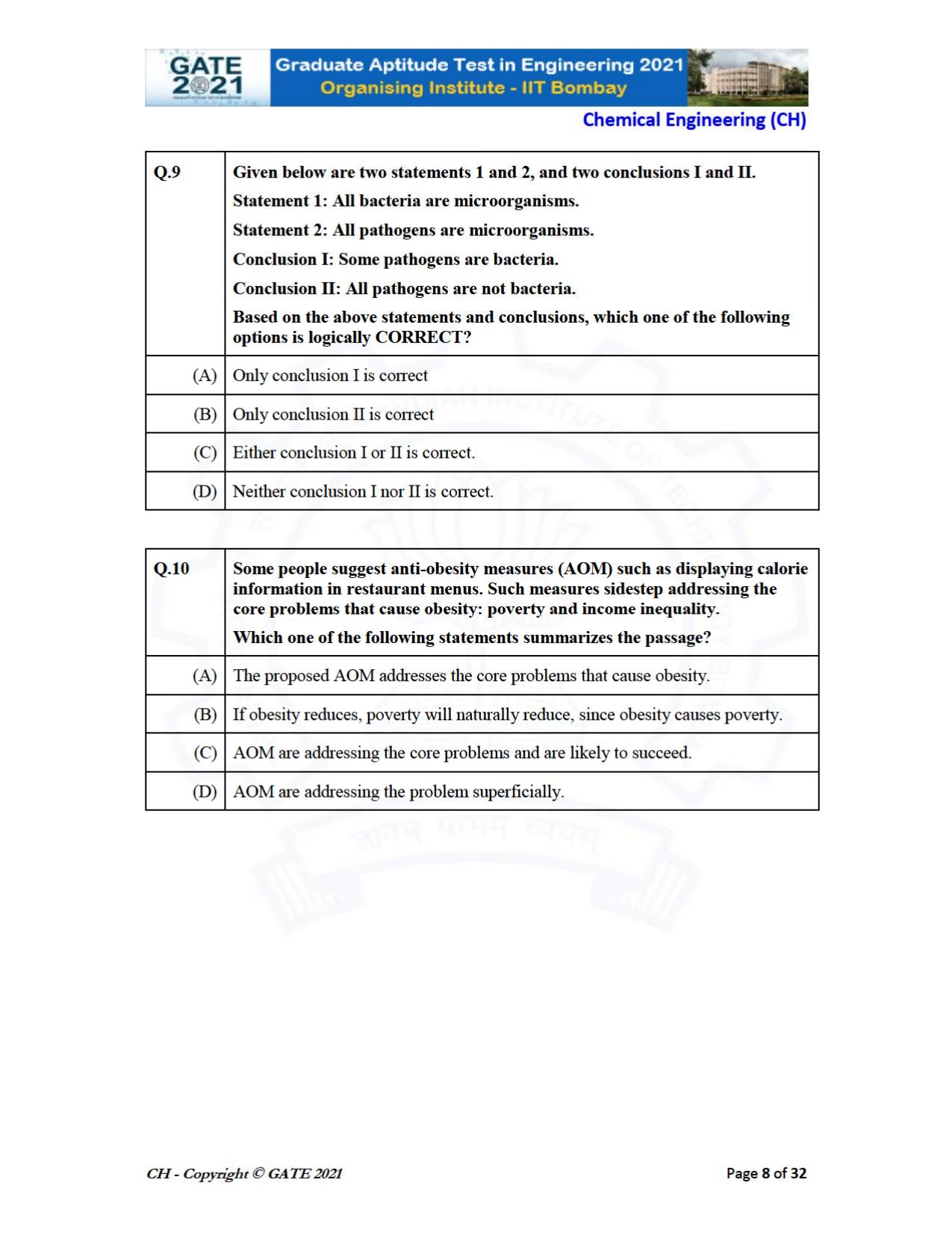 GATE 2021 Chemical Engineering (CH) Question Paper - Page 8
