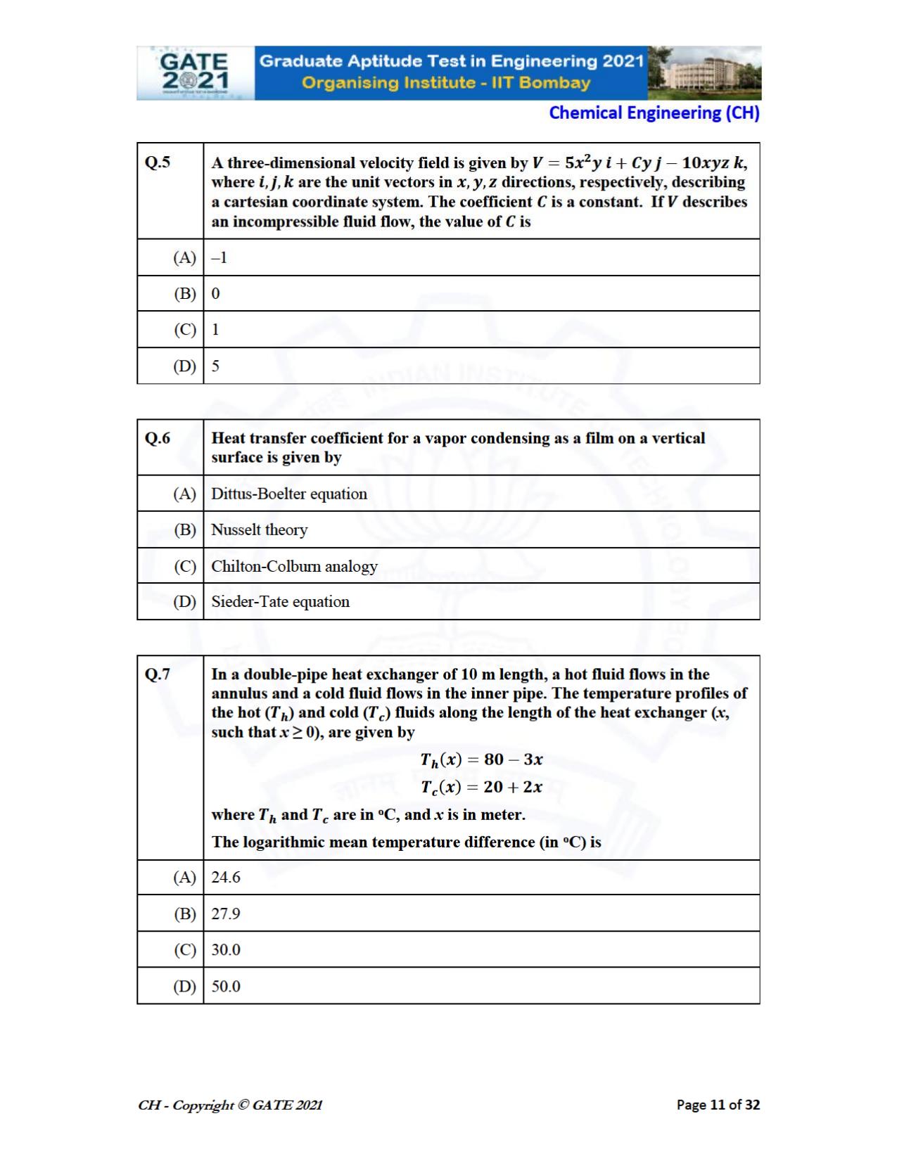 GATE 2021 Chemical Engineering (CH) Question Paper - Page 11