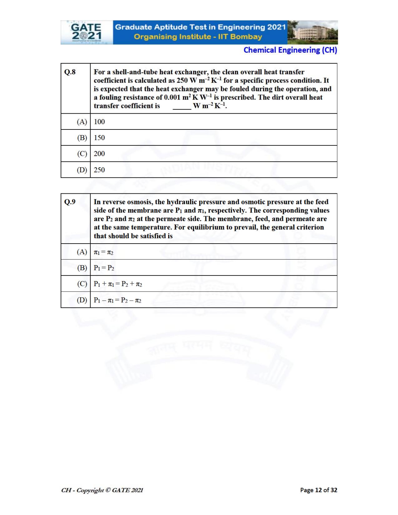 GATE 2021 Chemical Engineering (CH) Question Paper - Page 12