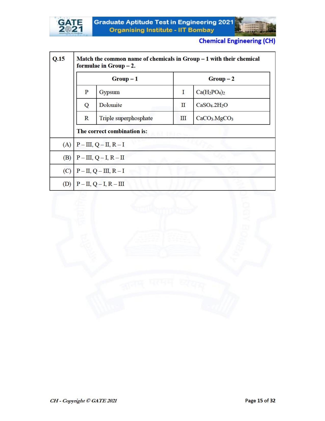 GATE 2021 Chemical Engineering (CH) Question Paper - Page 15