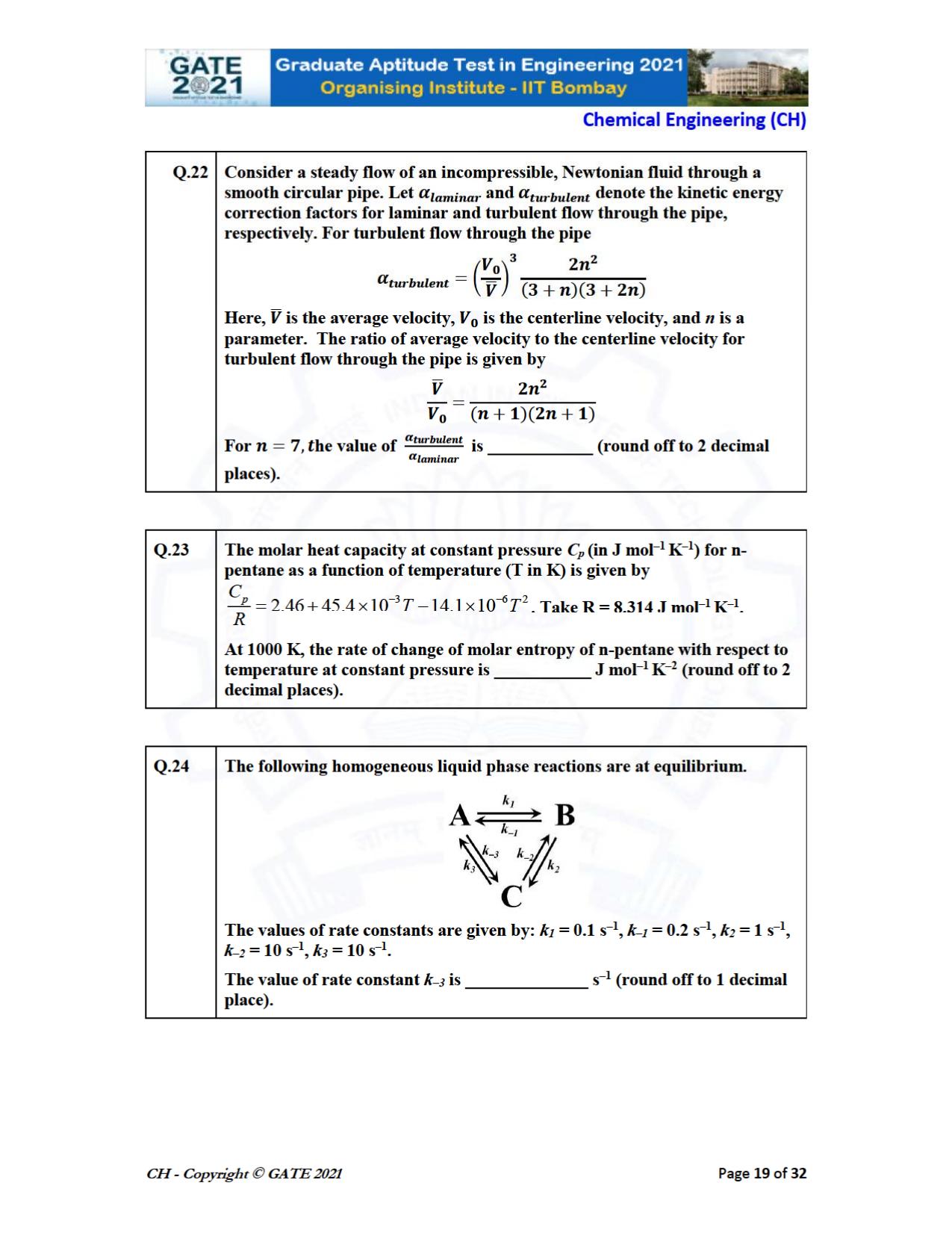 GATE 2021 Chemical Engineering (CH) Question Paper - Page 19