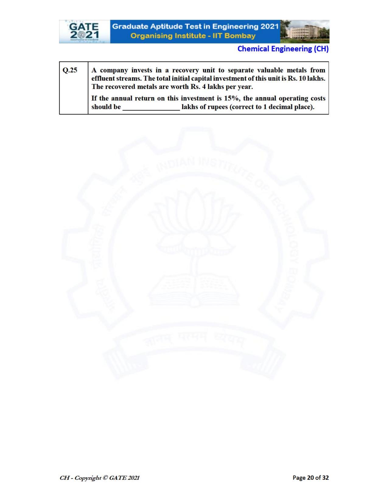 GATE 2021 Chemical Engineering (CH) Question Paper - Page 20