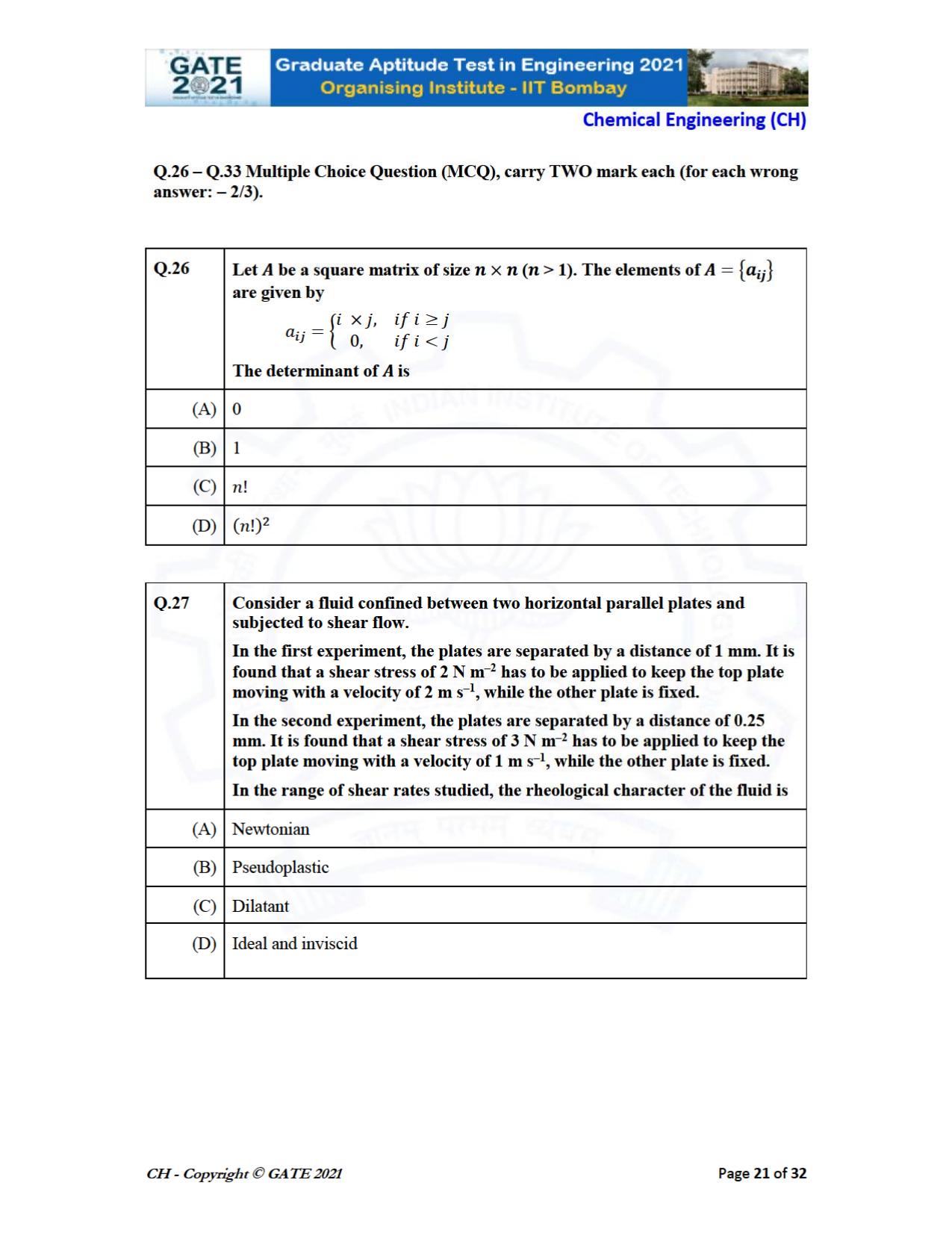 GATE 2021 Chemical Engineering (CH) Question Paper - Page 21