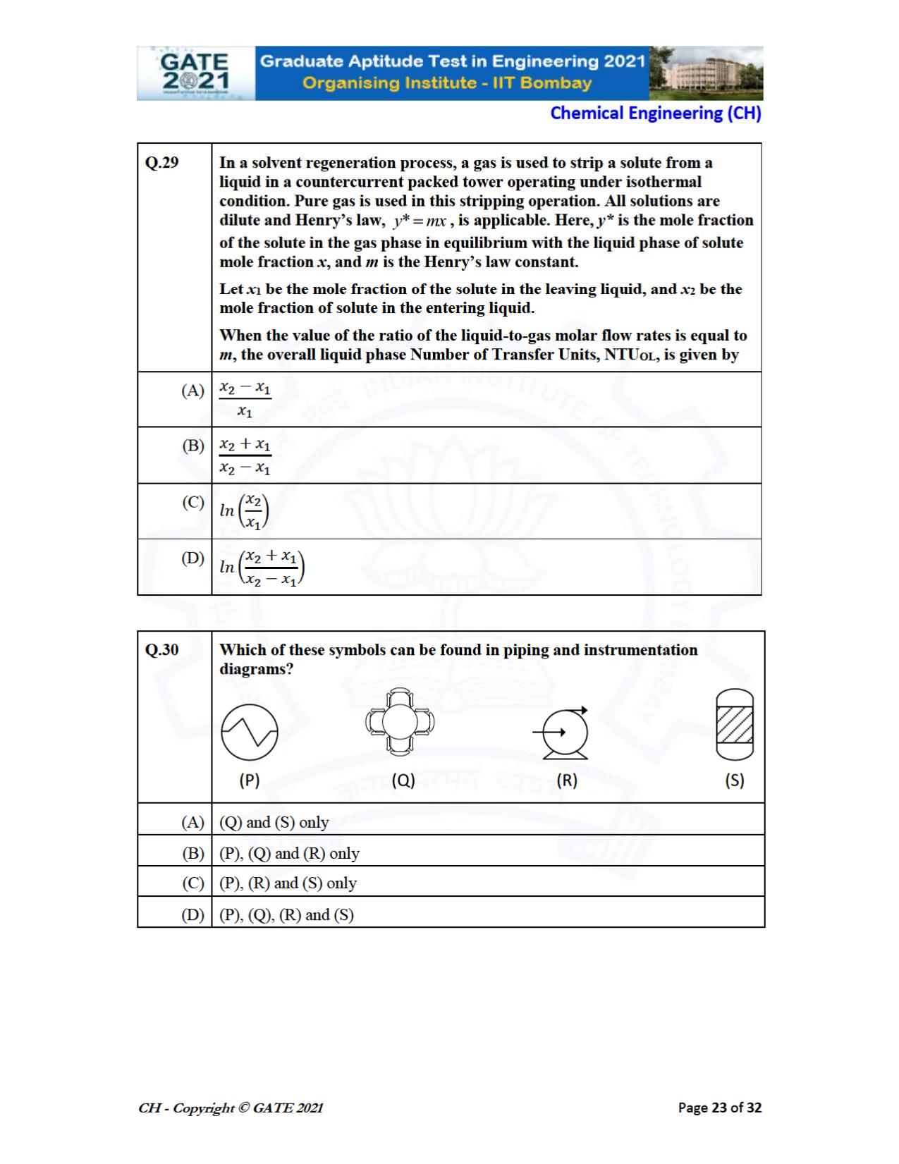 GATE 2021 Chemical Engineering (CH) Question Paper - Page 23