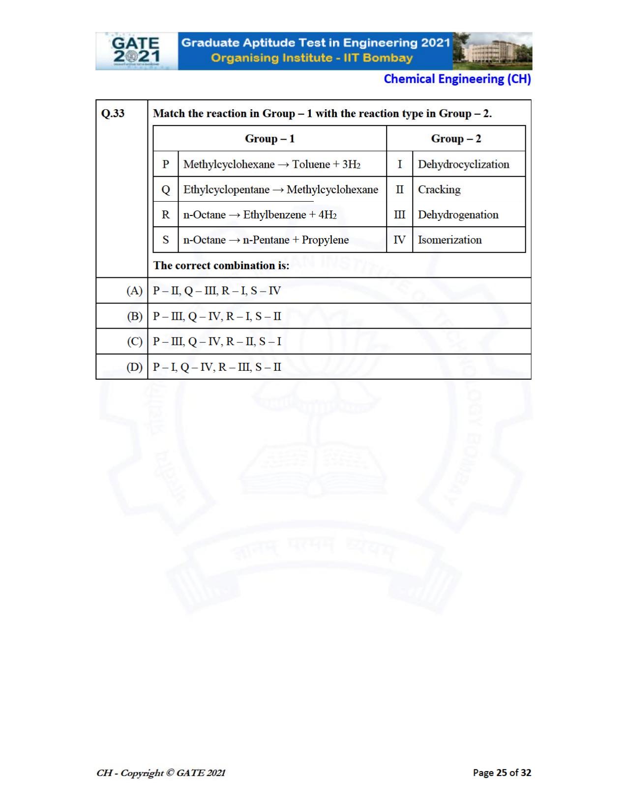 GATE 2021 Chemical Engineering (CH) Question Paper - Page 25