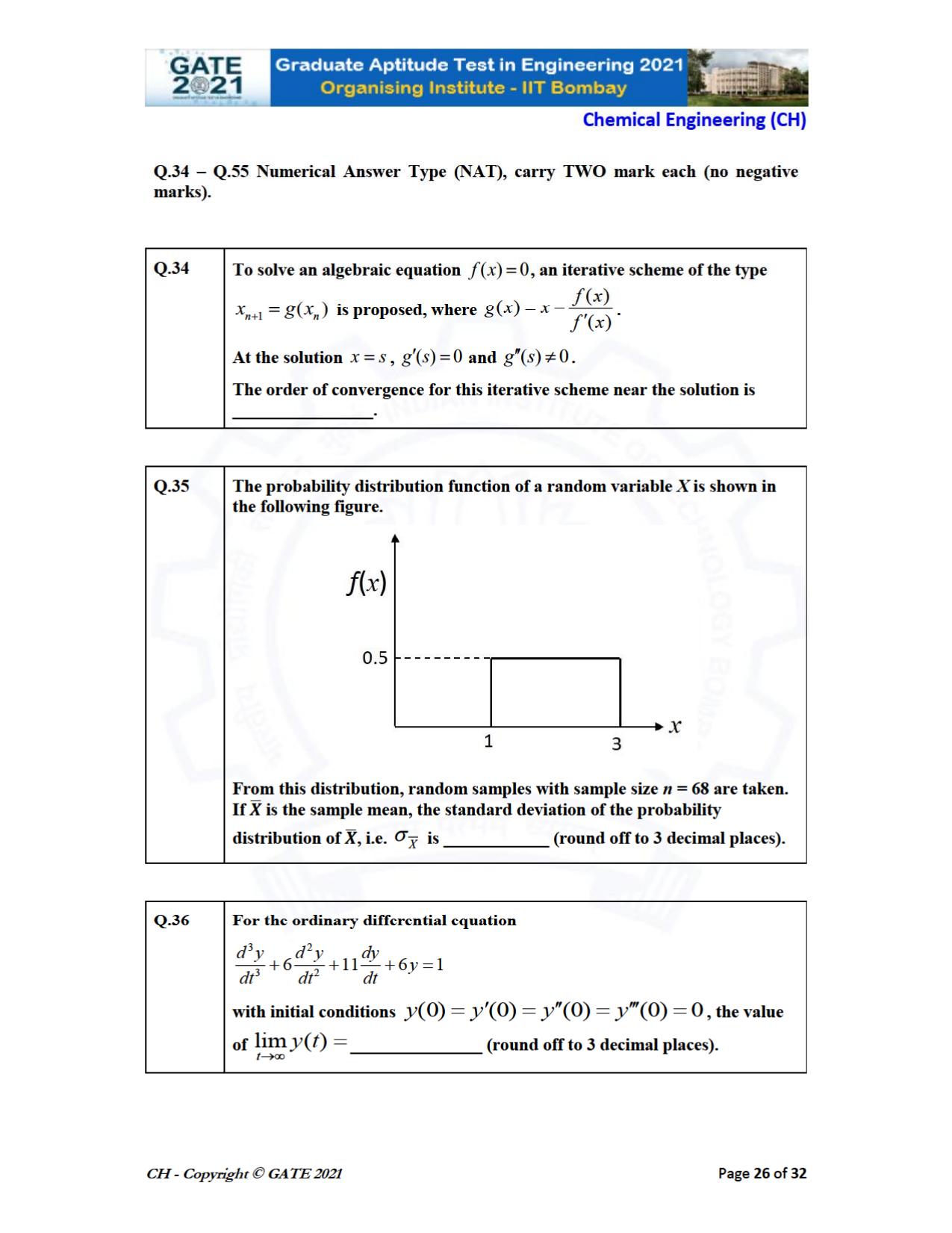 GATE 2021 Chemical Engineering (CH) Question Paper - Page 26
