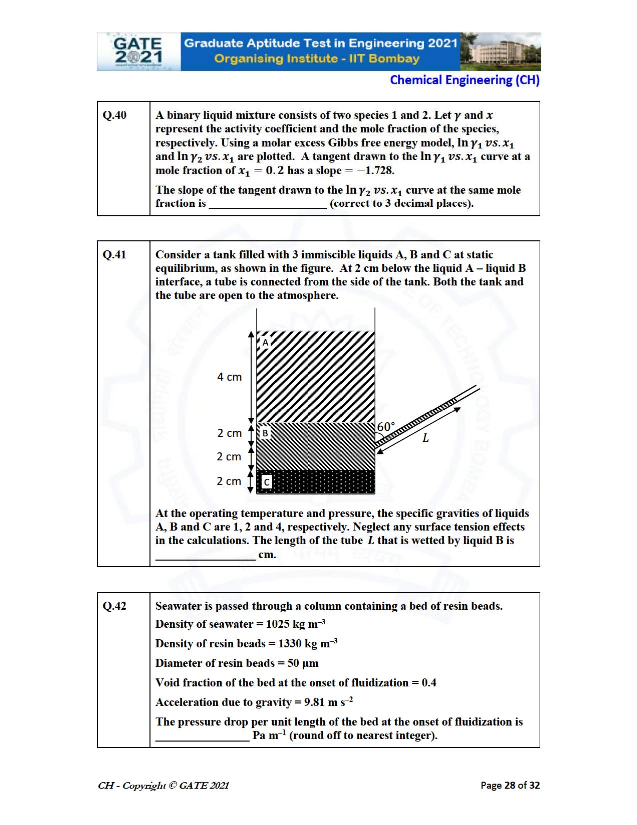 GATE 2021 Chemical Engineering (CH) Question Paper - Page 28