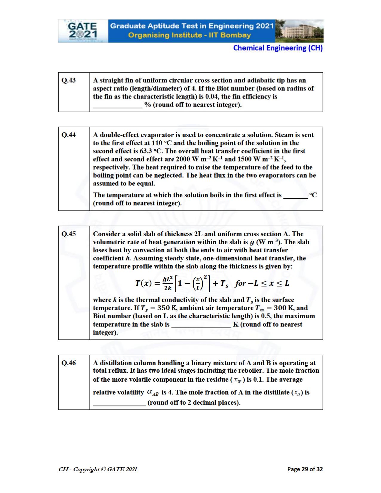 GATE 2021 Chemical Engineering (CH) Question Paper - Page 29