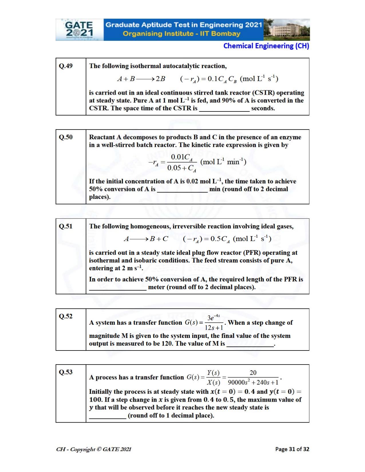 GATE 2021 Chemical Engineering (CH) Question Paper - Page 31