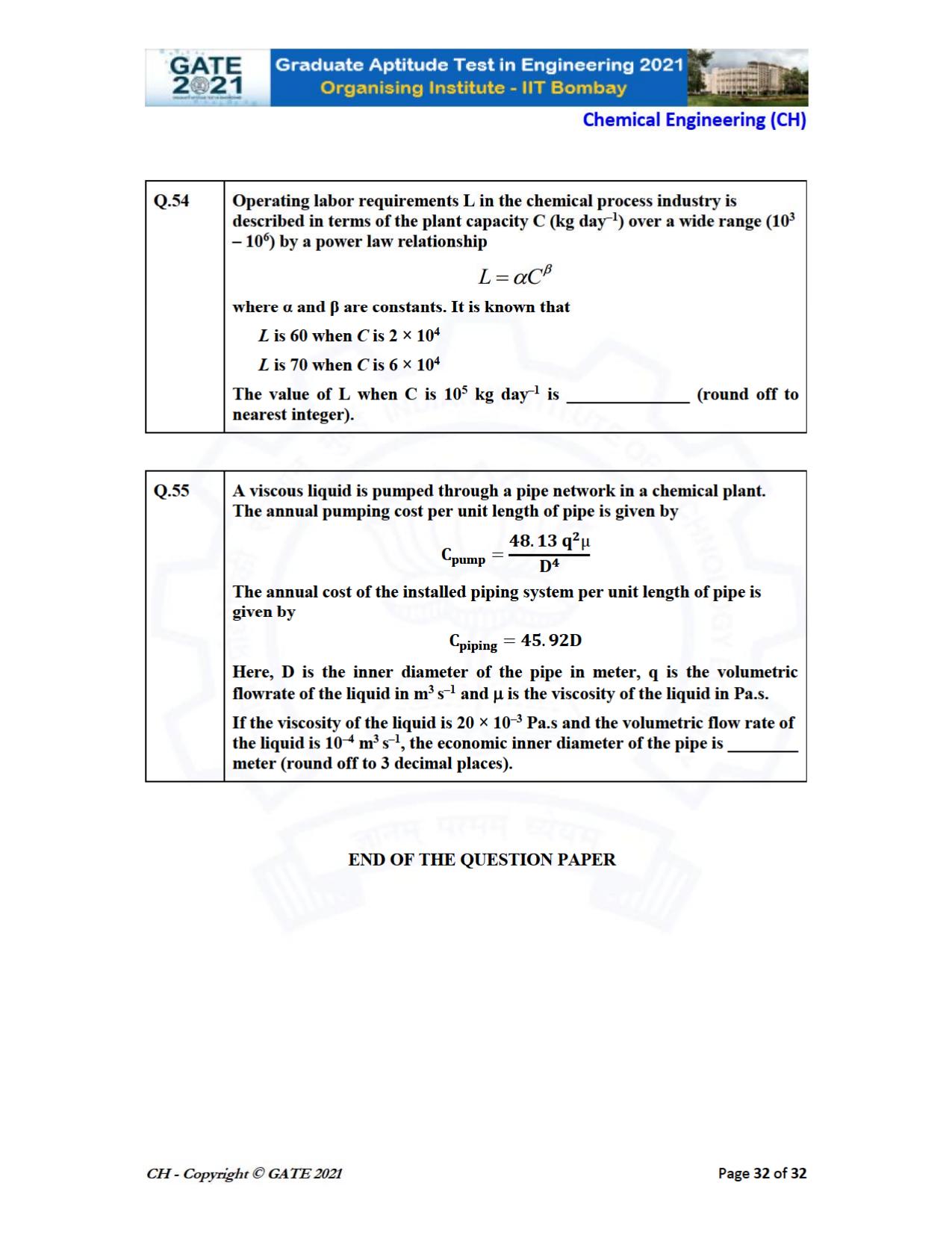 GATE 2021 Chemical Engineering (CH) Question Paper - Page 32