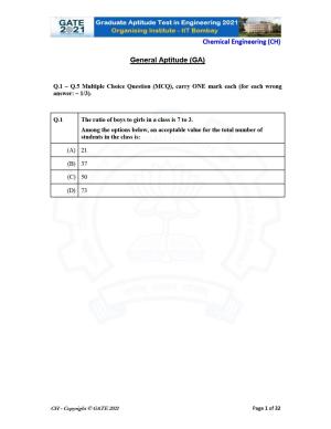 GATE 2021 Chemical Engineering (CH) Question Paper