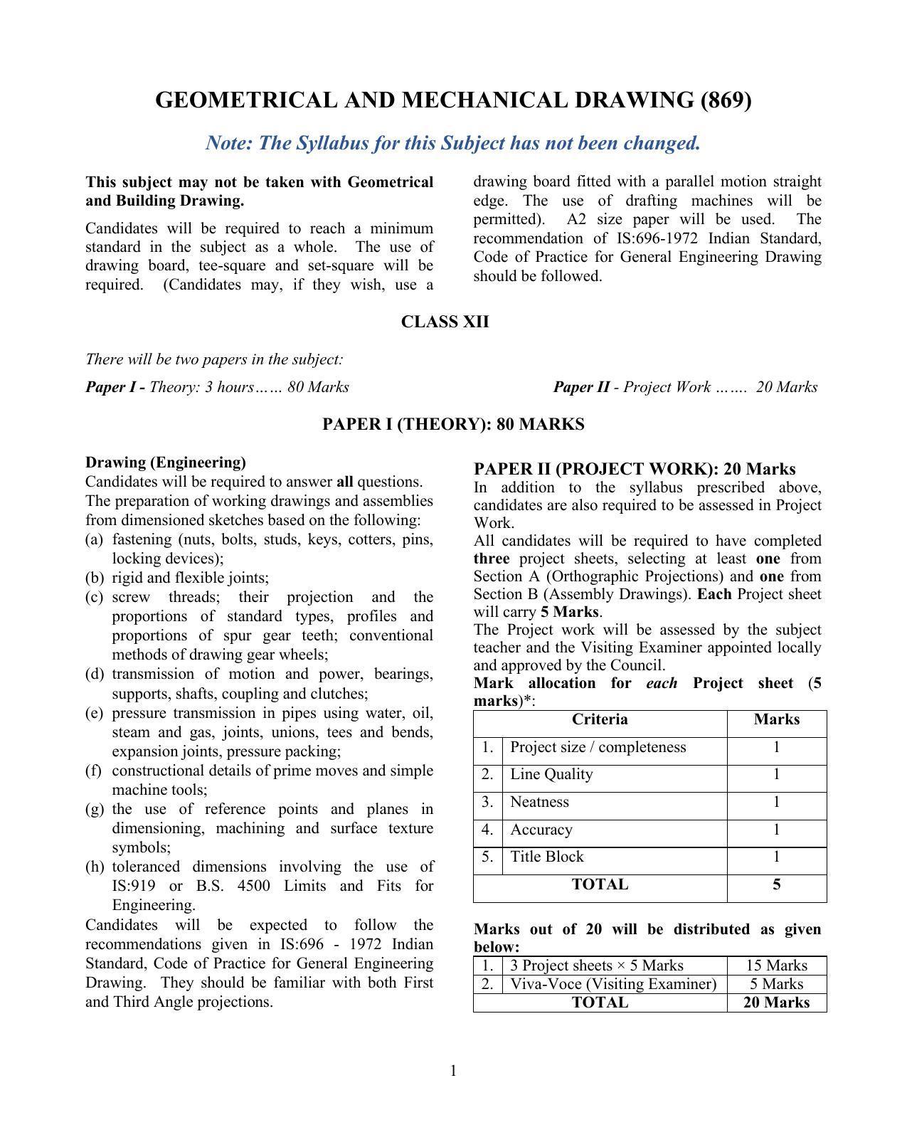 ISC Class 12 Geometrical and Mechanical Drawing Syllabus - Page 1