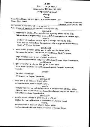 Bilaspur University Question Paper July 2022: B.A. L.L.B. (X Sem.) Human Right & Humanitarian Law Paper 1