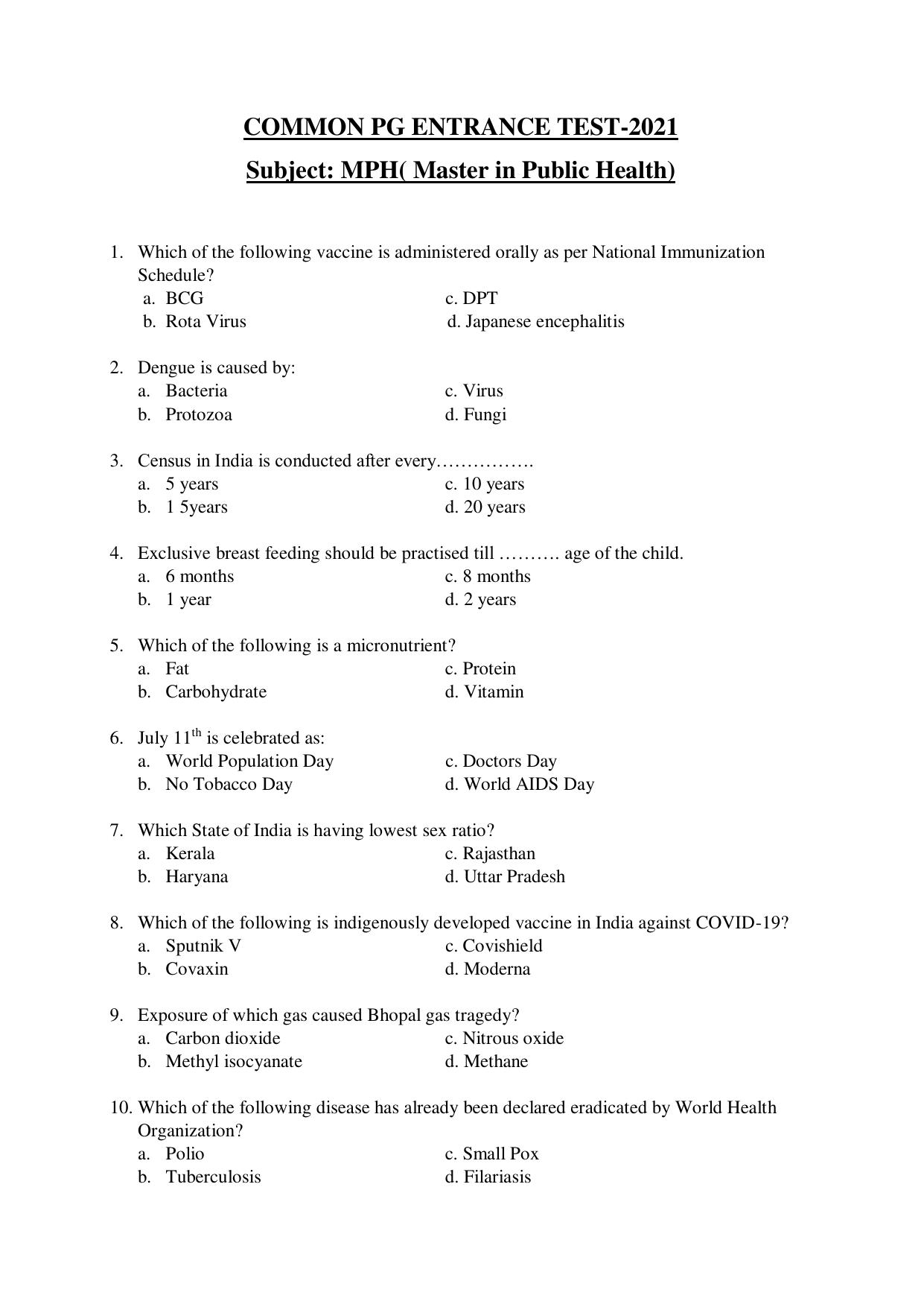 Odisha CPET 2021 MPH Question Paper - Page 1
