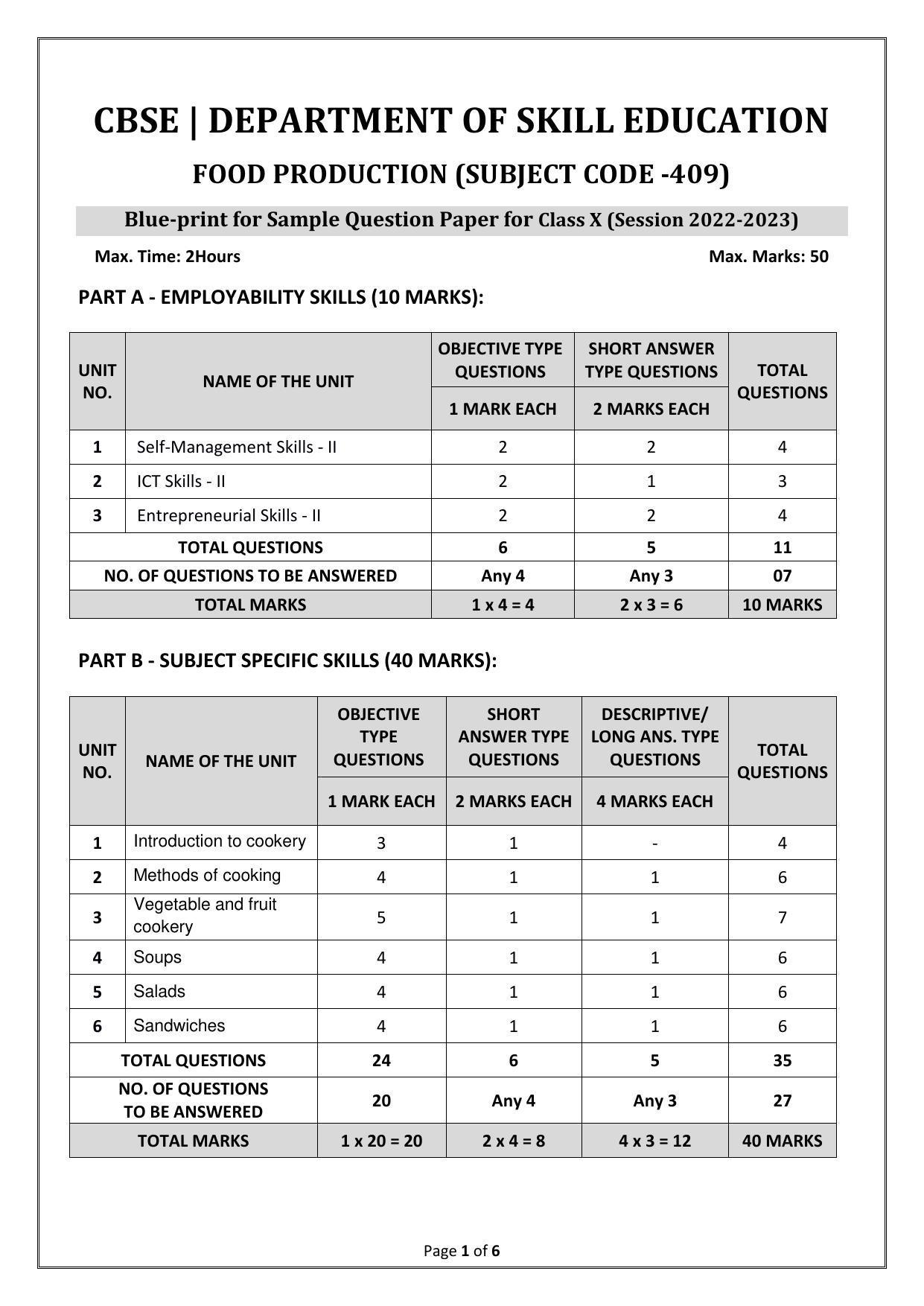 CBSE Class 10 (Skill Education) Food Production Sample Papers 2023 - Page 1