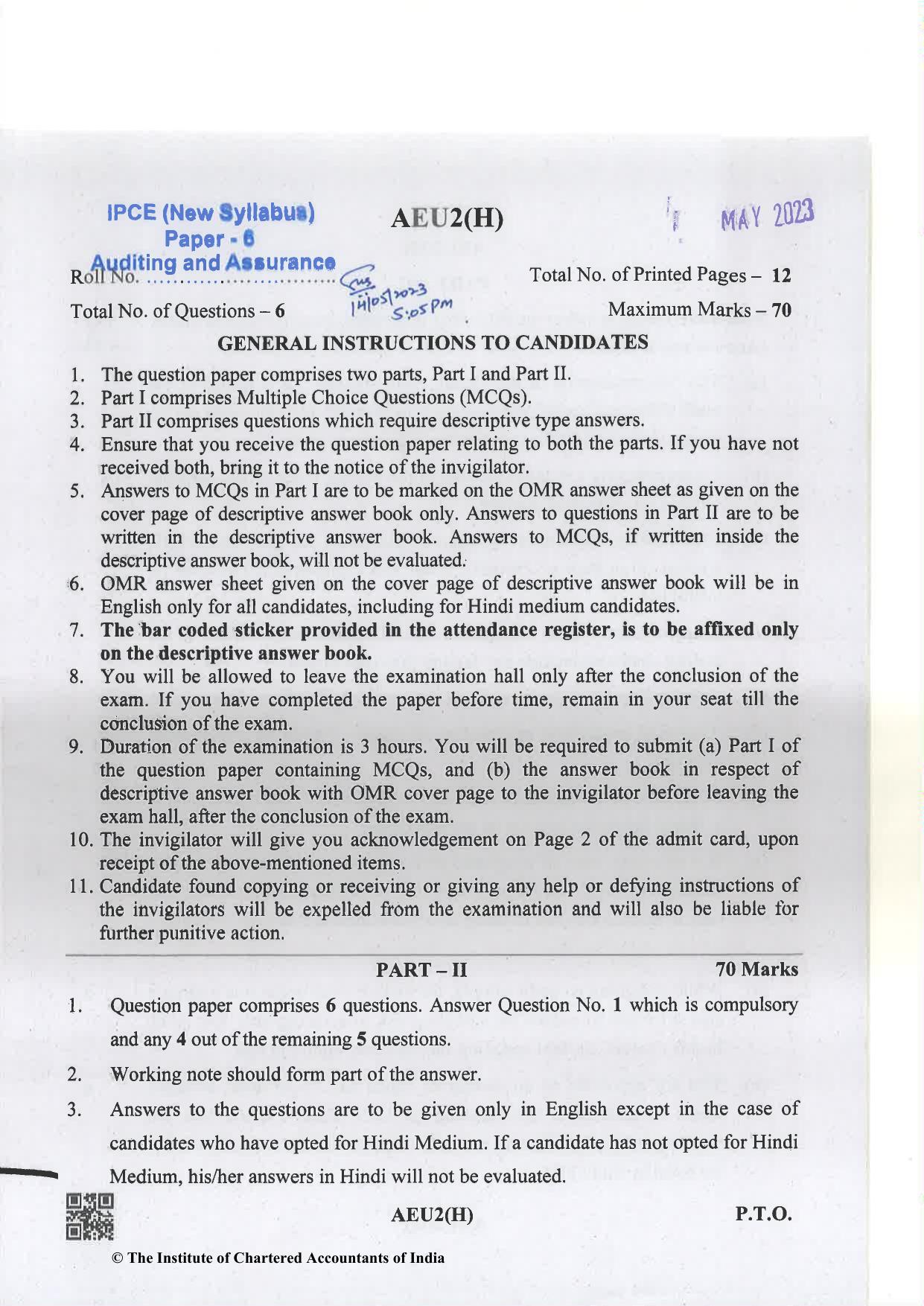 CA Inter May 2023 Question Paper - Paper 6 – Auditing and Assurance - Page 1